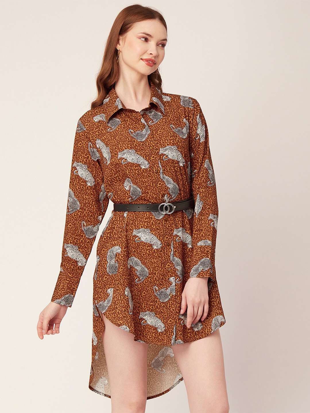 

Moomaya Conversational Printed Belted Shirt Collar Shirt Style Dress, Brown