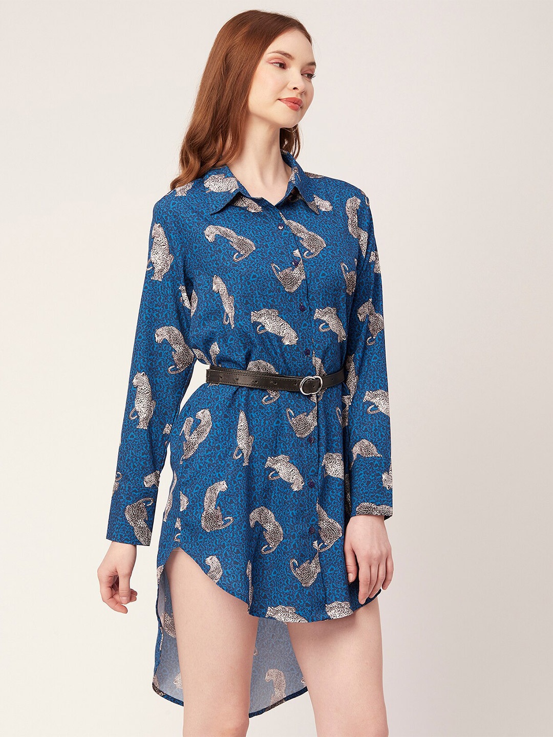 

Moomaya Conversational Printed Belted Shirt Collar Shirt Style Dress, Blue