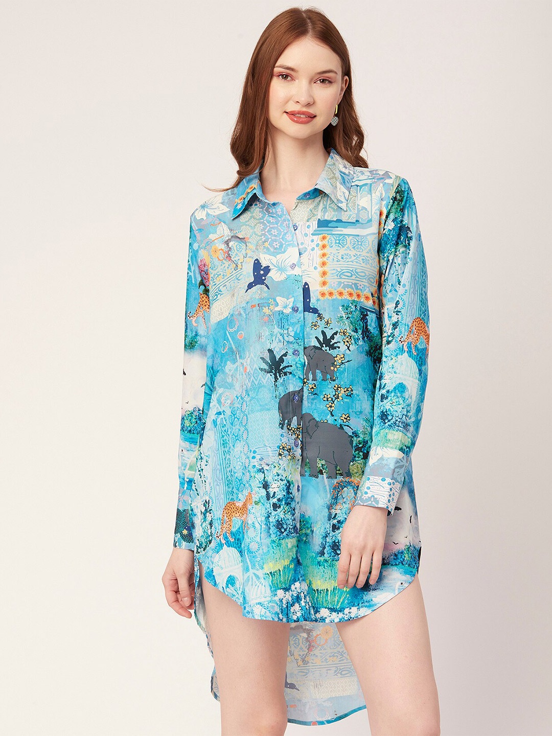 

Moomaya Conversational Printed Belted Shirt Collar Shirt Style Dress, Blue