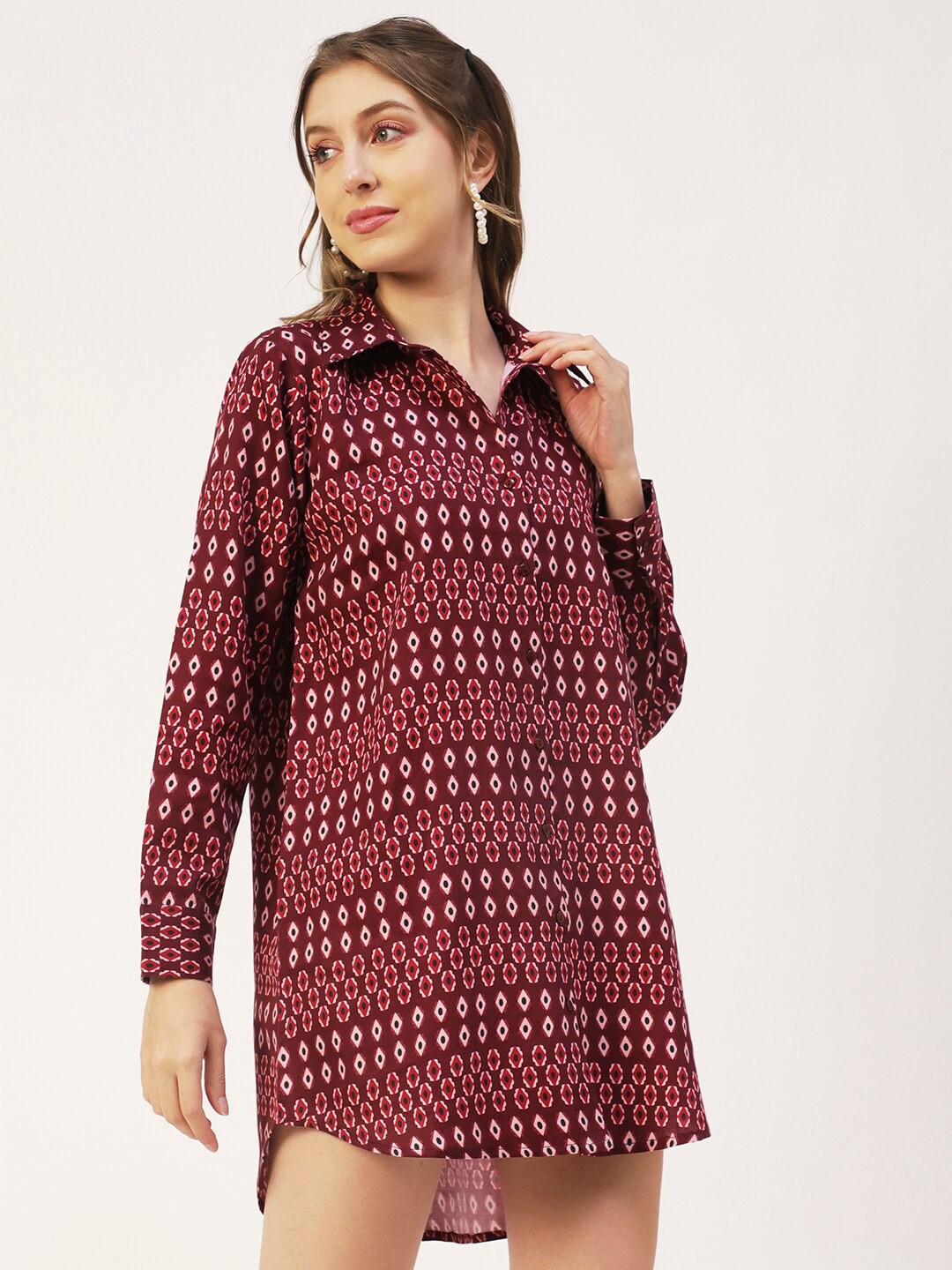 

Moomaya Geometric Printed Belted Shirt Collar Shirt Style Dress, Purple