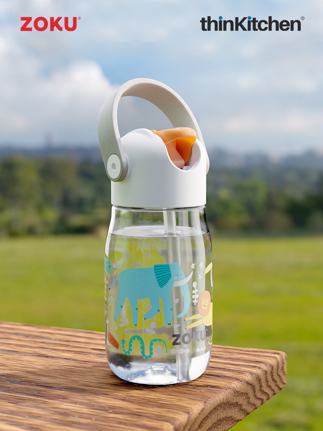 

ZOKU Clear Safari Kids White Printed Flip Straw Water Bottle