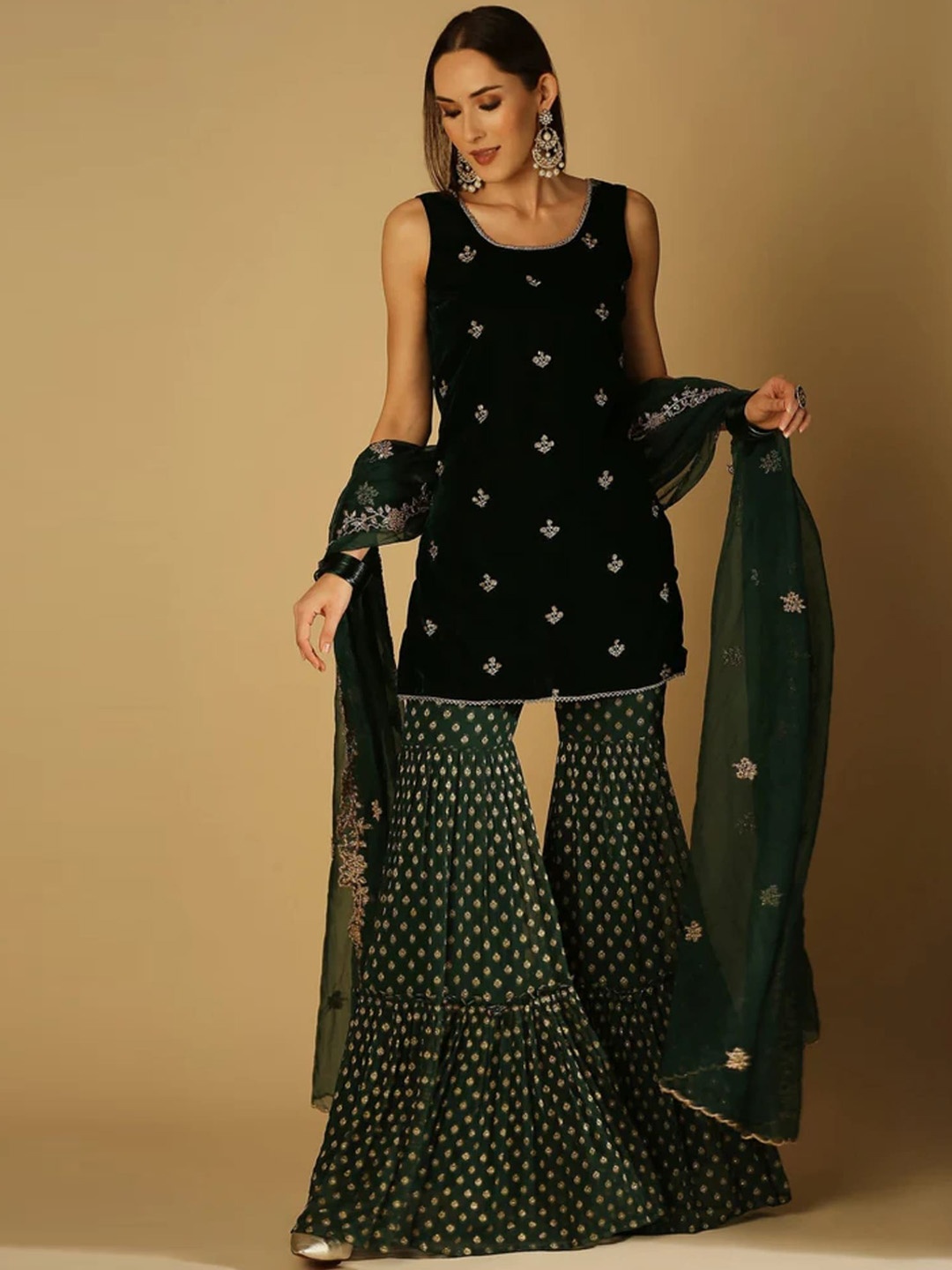 

Monk & Mei Floral Embroidered Velvet Kurti With Sharara & Dupatta, Green