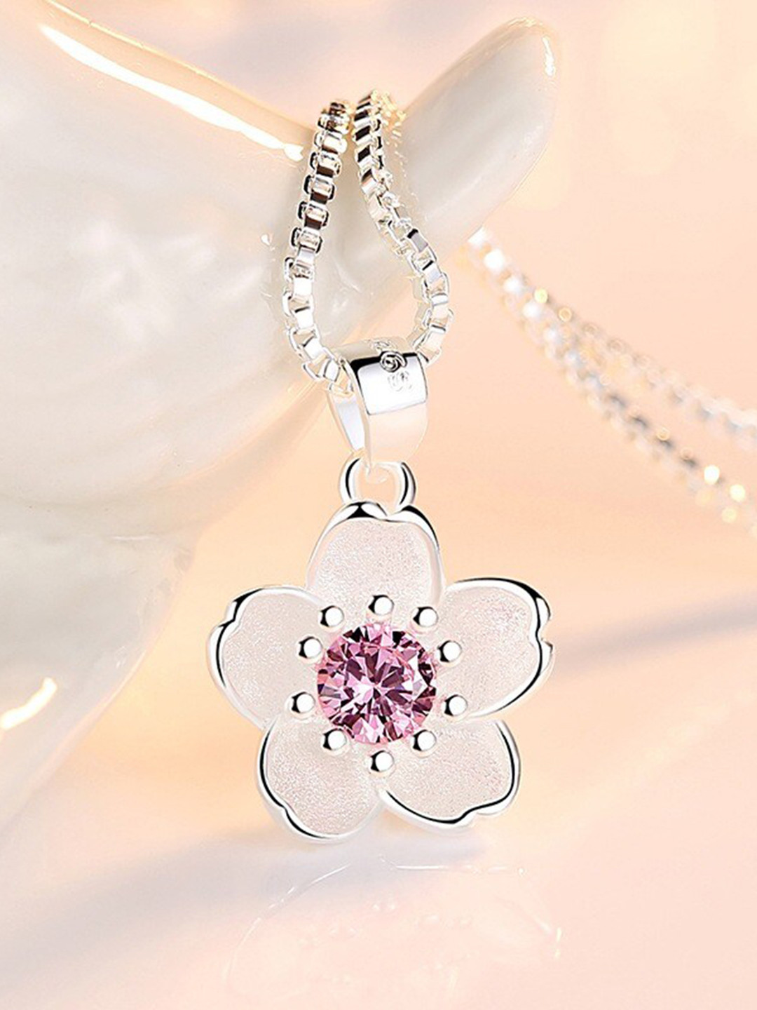 

MYKI Silver-Plated CZ-Studded Cute Little Flower Charm Pendant