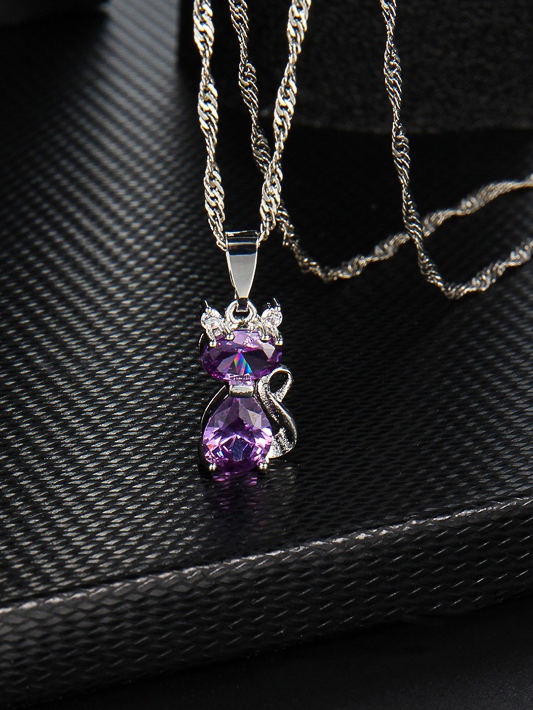 

MYKI Silver-Plated Chain With Kitty Cat Pendant, Purple