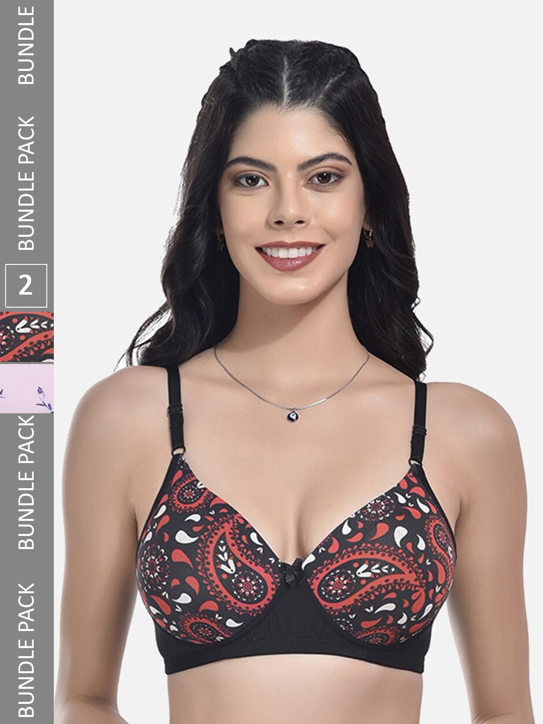 

StyFun Pack Of 2 Printed Full Coverage Lightly Padded Everyday Bra All Day Comfort, Black