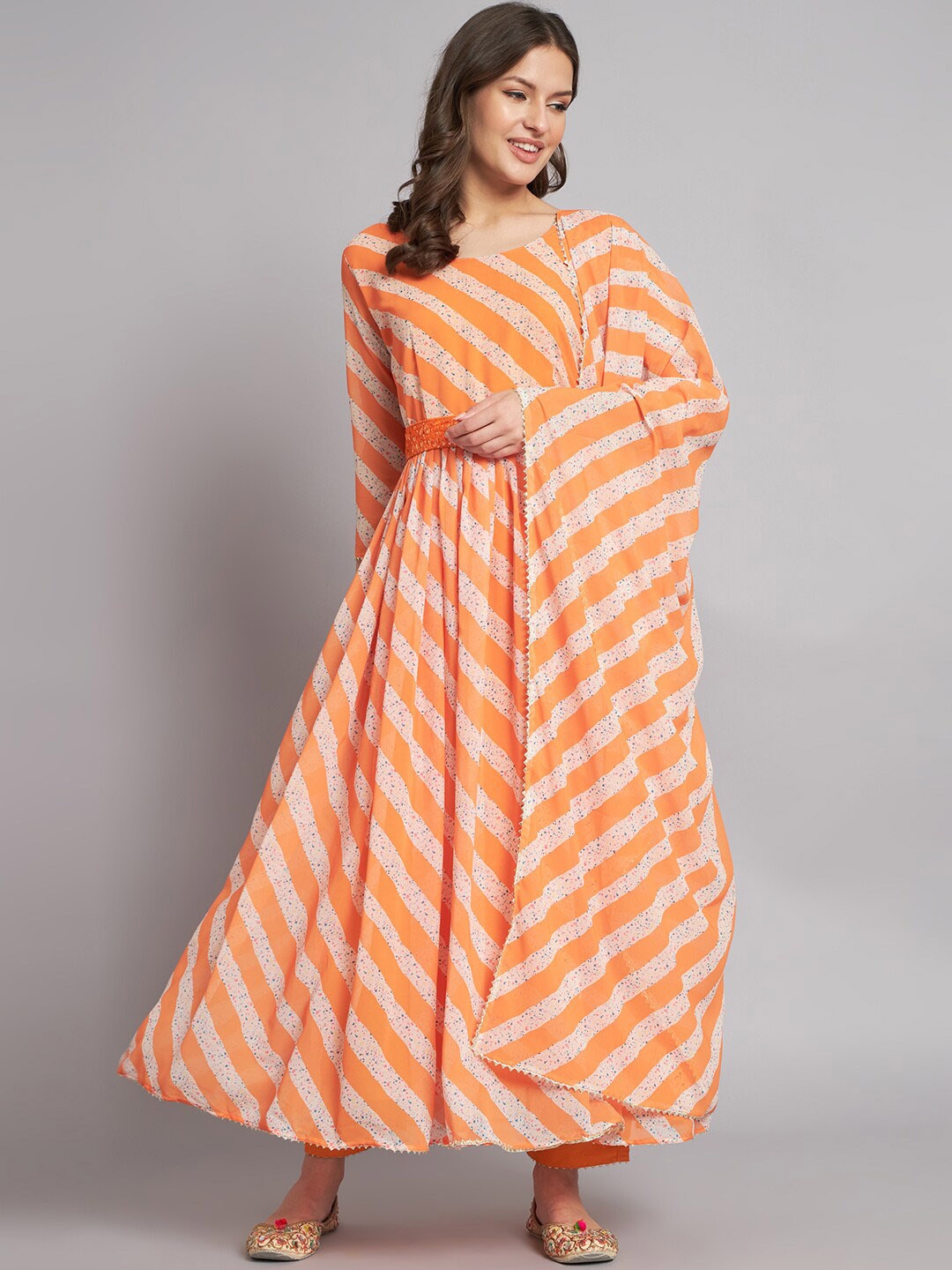 

KALINI Striped Gotta Patti Anarkali Kurta with Trousers & With Dupatta, Orange