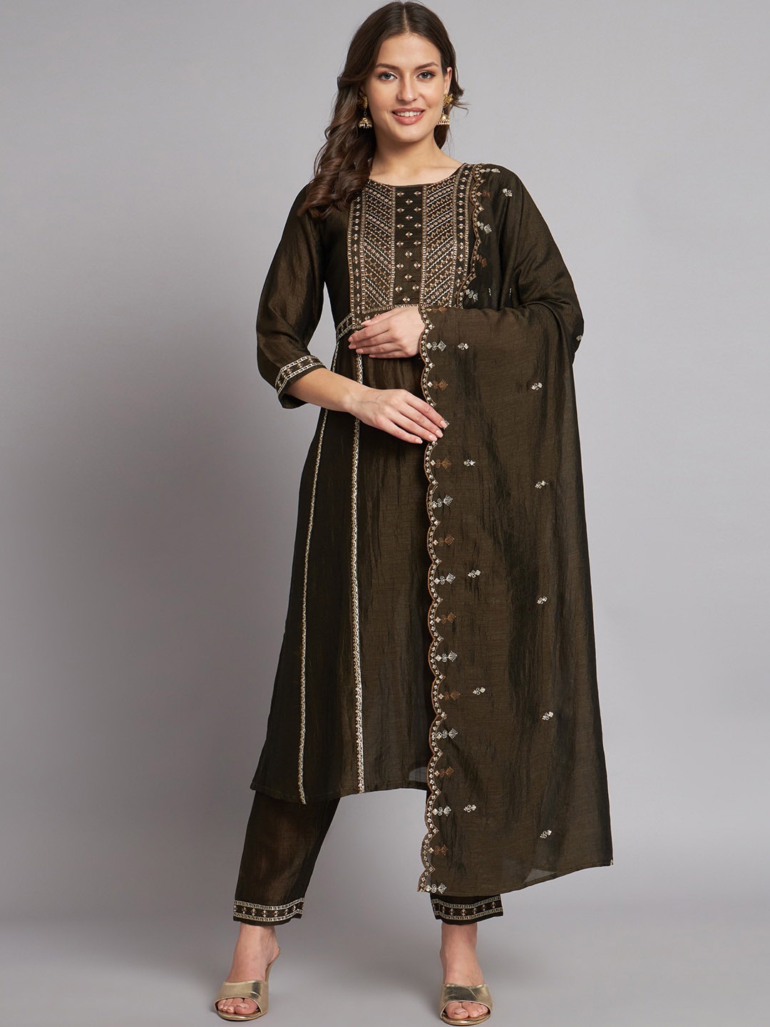 

KALINI Ethnic Motifs Embroidered Round Neck Kurta with Trousers & With Dupatta, Olive