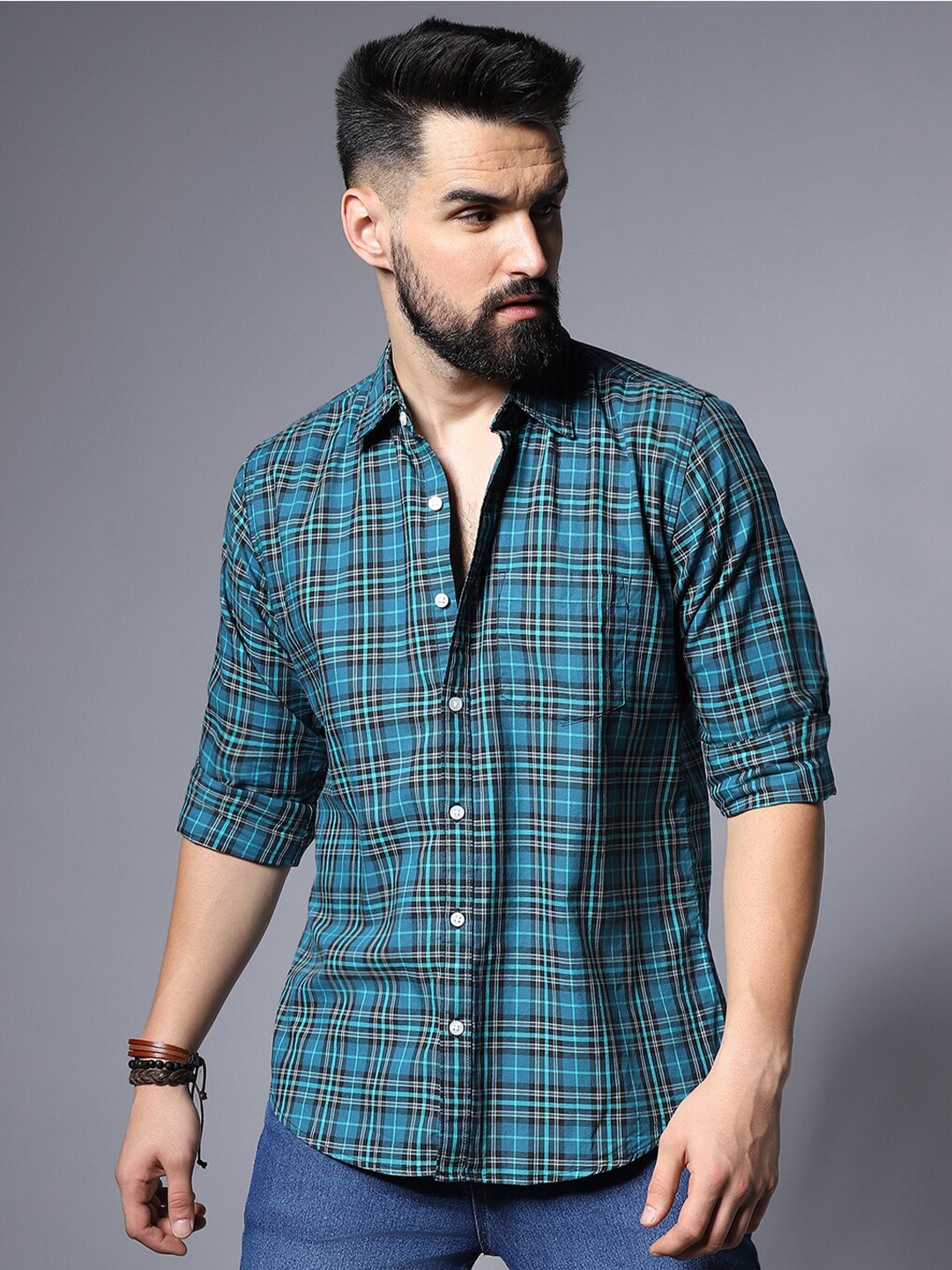 

High Star Tartan Checked Cotton Casual Shirt, Blue