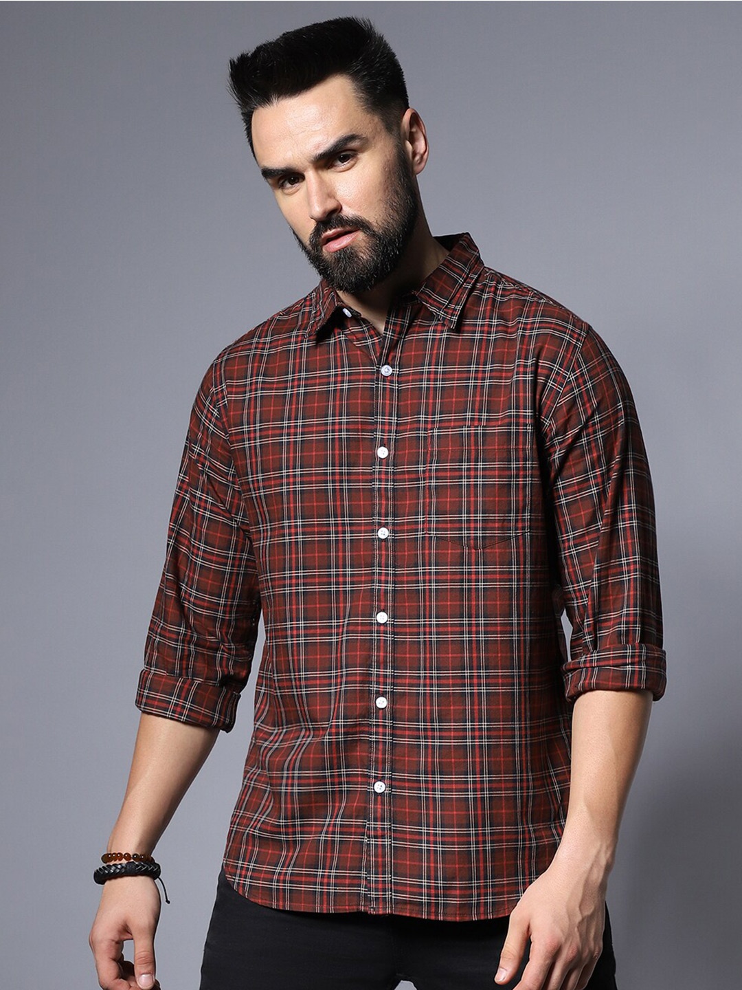 

High Star Checked Spread Collar Cotton Casual Shirt, Maroon