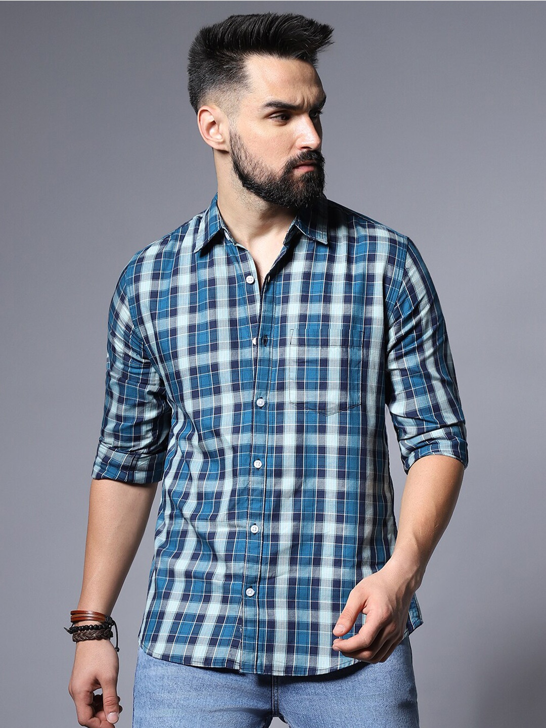 

High Star Checked Pure Cotton Cotton Regular Fit Casual Shirt, Blue