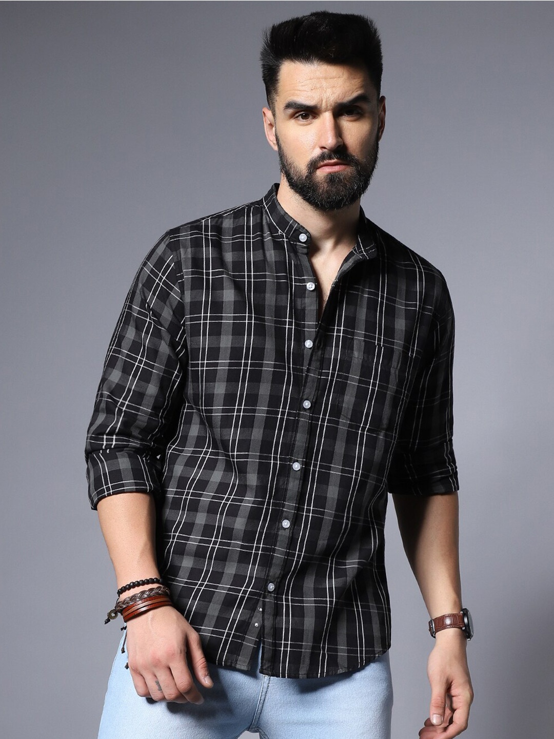 

High Star Checked Spread Collar Cotton Casual Shirt, Grey