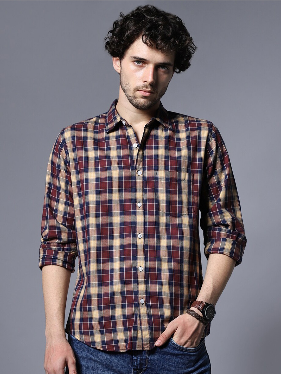 

High Star Checked Cotton Spread Collar Opaque Cotton Casual Shirt, Maroon