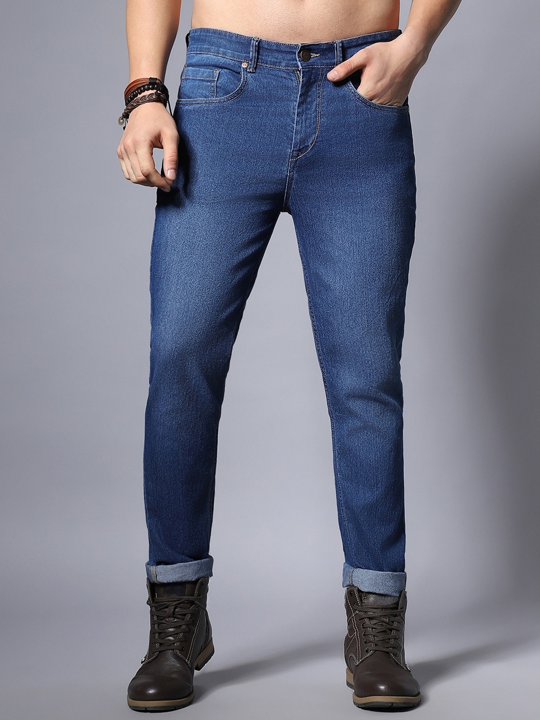 

High Star Men Straight Fit Clean Look Stretchable Jeans, Blue