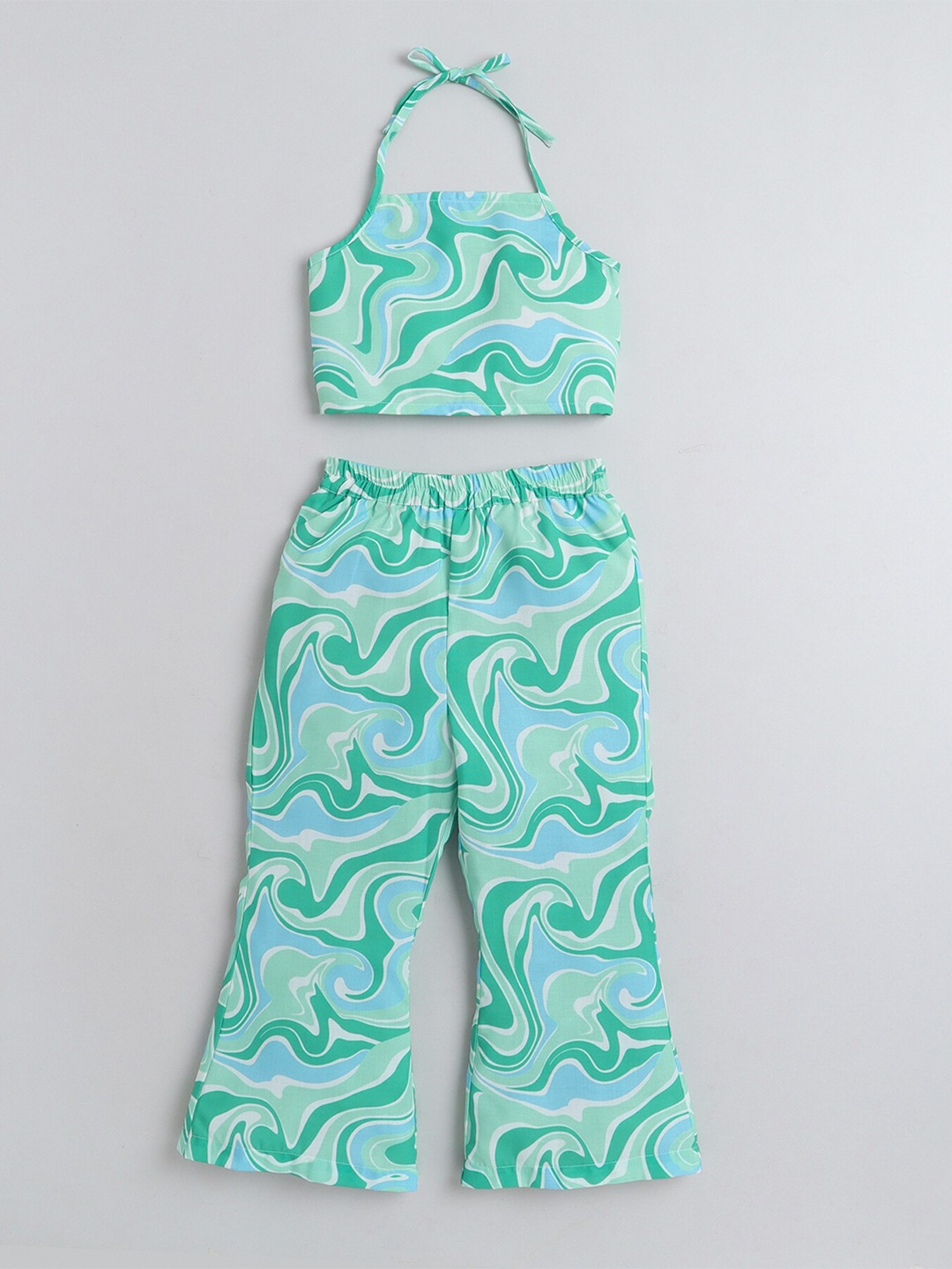 

taffykids Girls Abstract Printed Halter Nek Top with Palazzos, Green