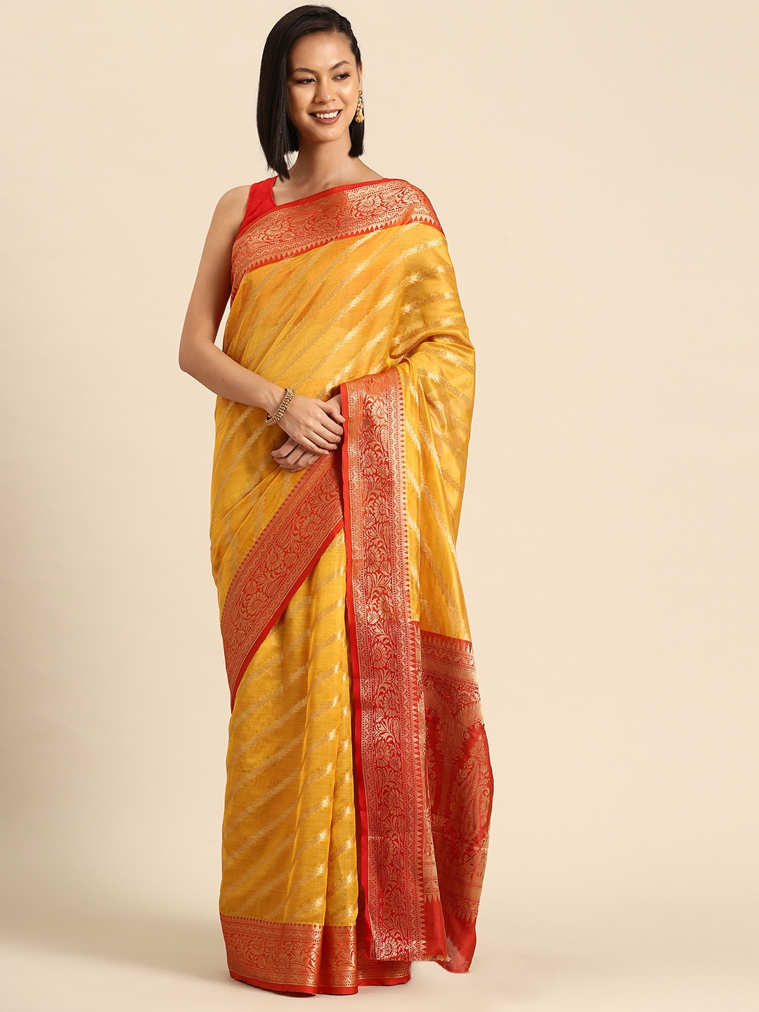 

Tasarika Woven Design Striped Zari Banarasi Saree, Yellow