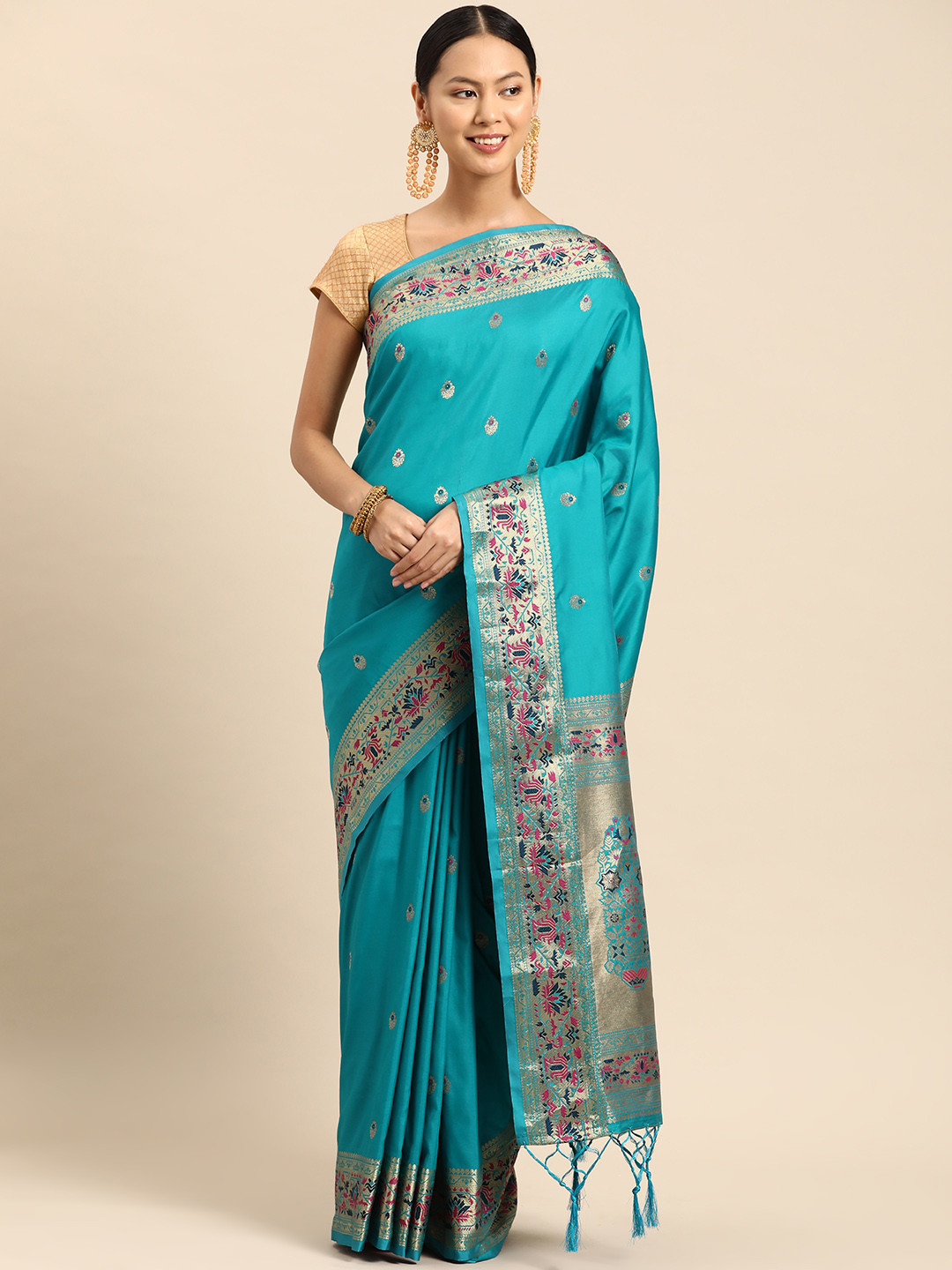 

Tasarika Woven Design Ethnic Motifs Zari Paithani Saree, Turquoise blue