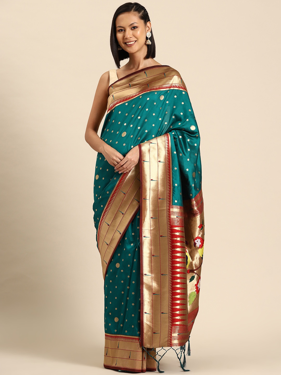 

Tasarika Woven Design Floral Zari Paithani Saree, Teal