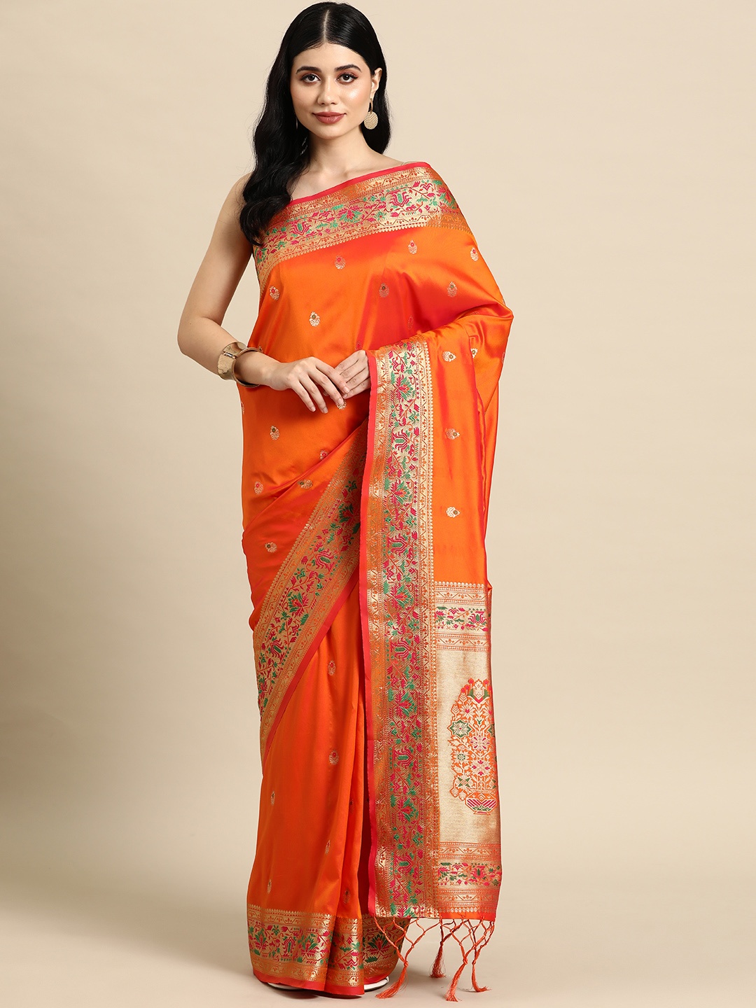 

Tasarika Woven Design Ethnic Motifs Zari Paithani Saree, Orange