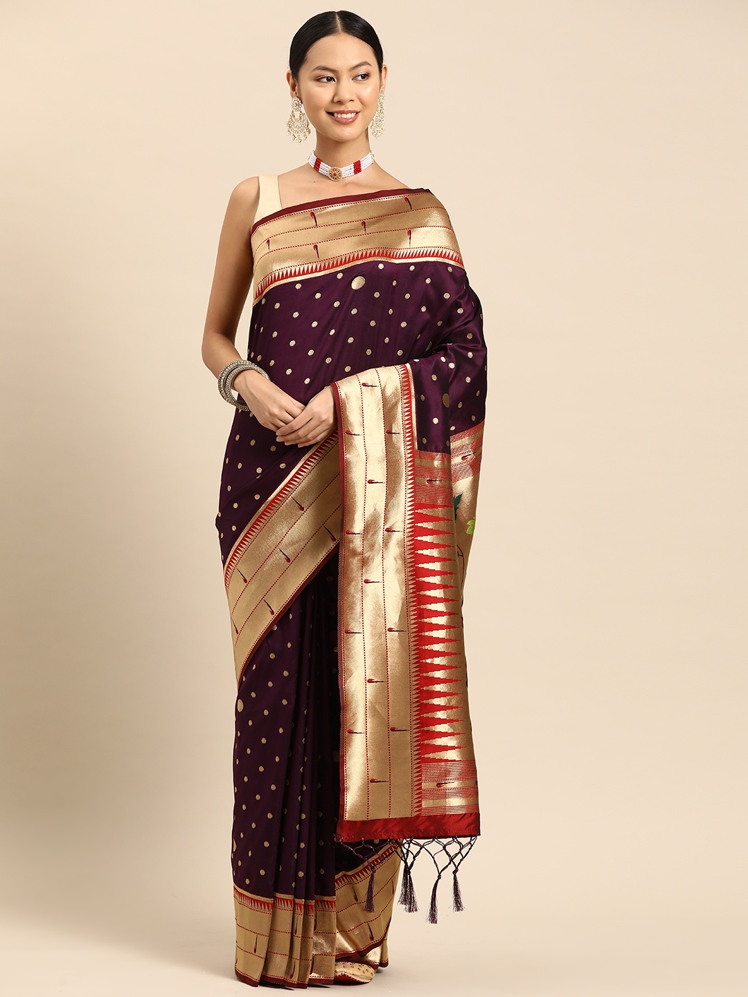 

Tasarika Woven Design Ethnic Motifs Zari Paithani Saree, Burgundy