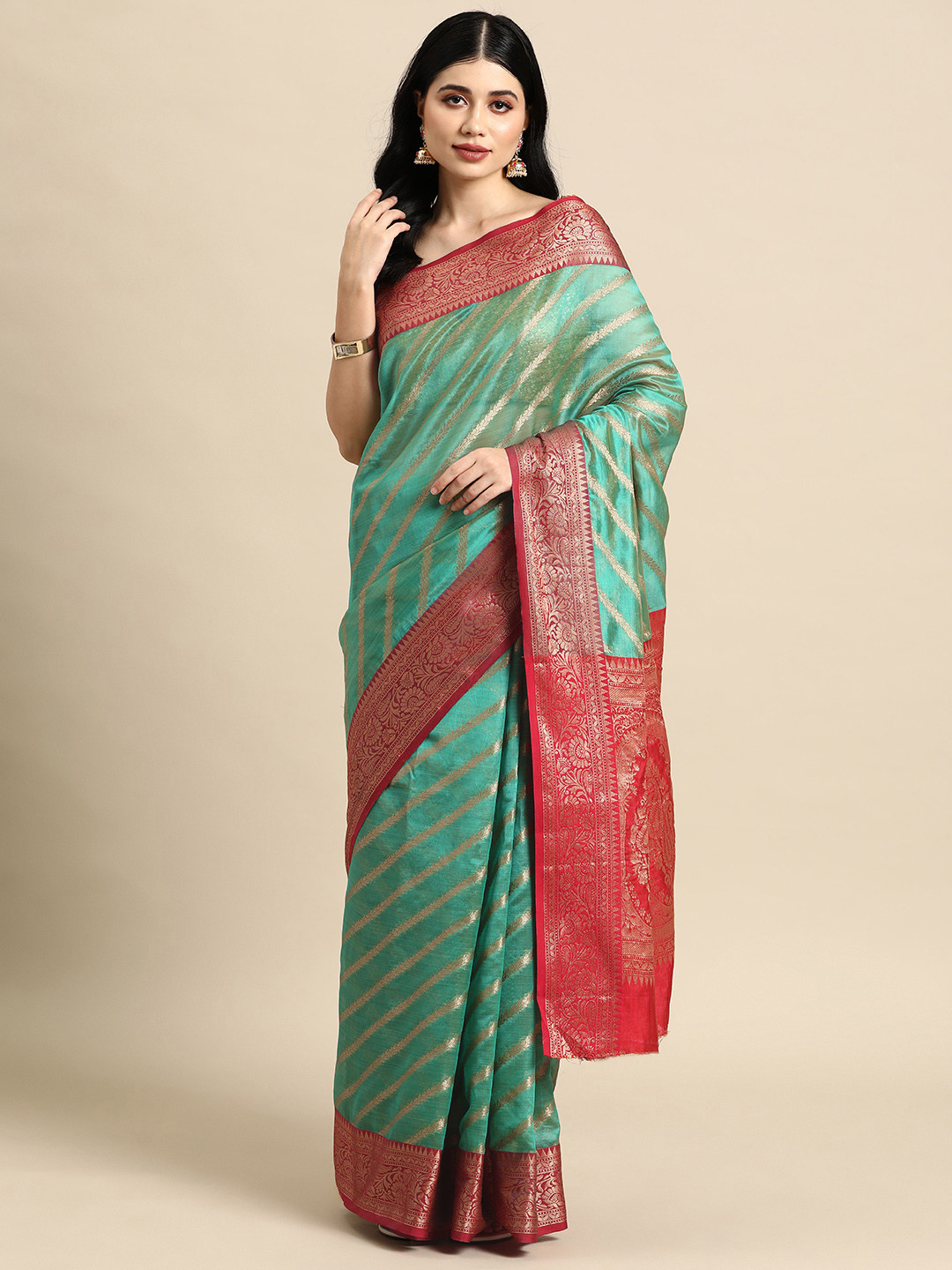 

Tasarika Striped Zari Organza Banarasi Saree, Turquoise blue