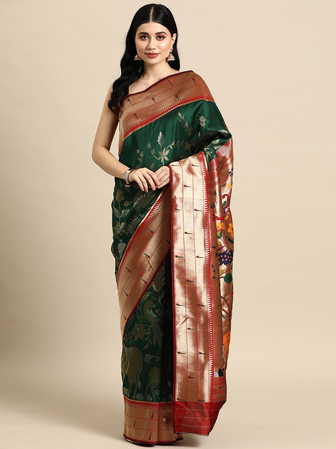 

Tasarika Floral Zari Silk Blend Paithani Saree, Green