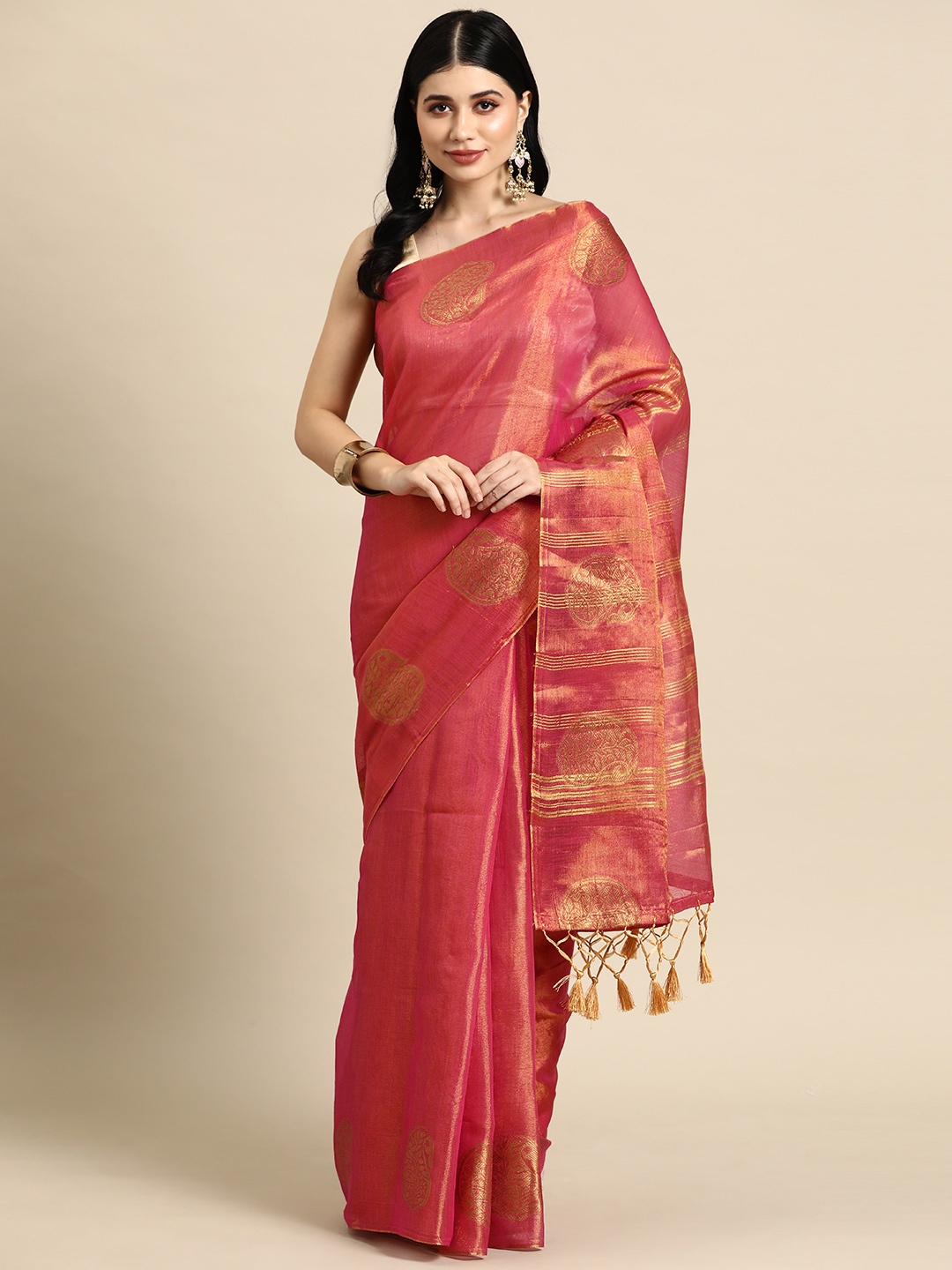 

Tasarika Ethnic Motifs Zari Tissue Banarasi Saree, Pink