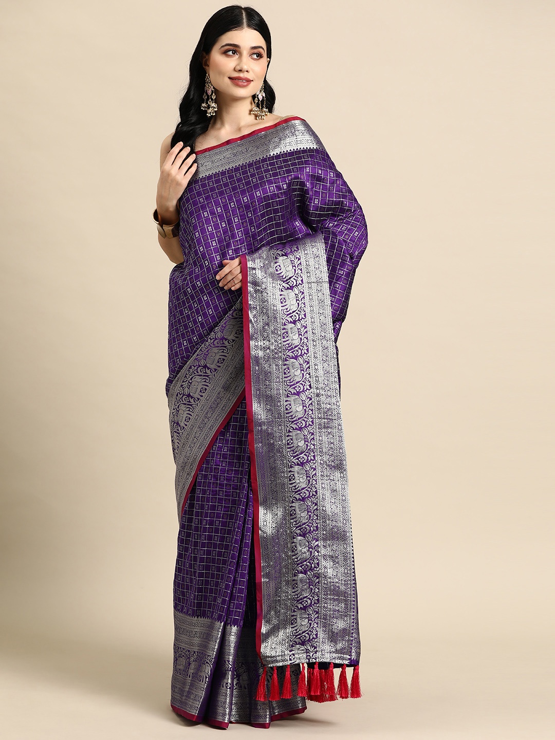 

Tasarika Checked Zari Silk Blend Banarasi Saree, Violet