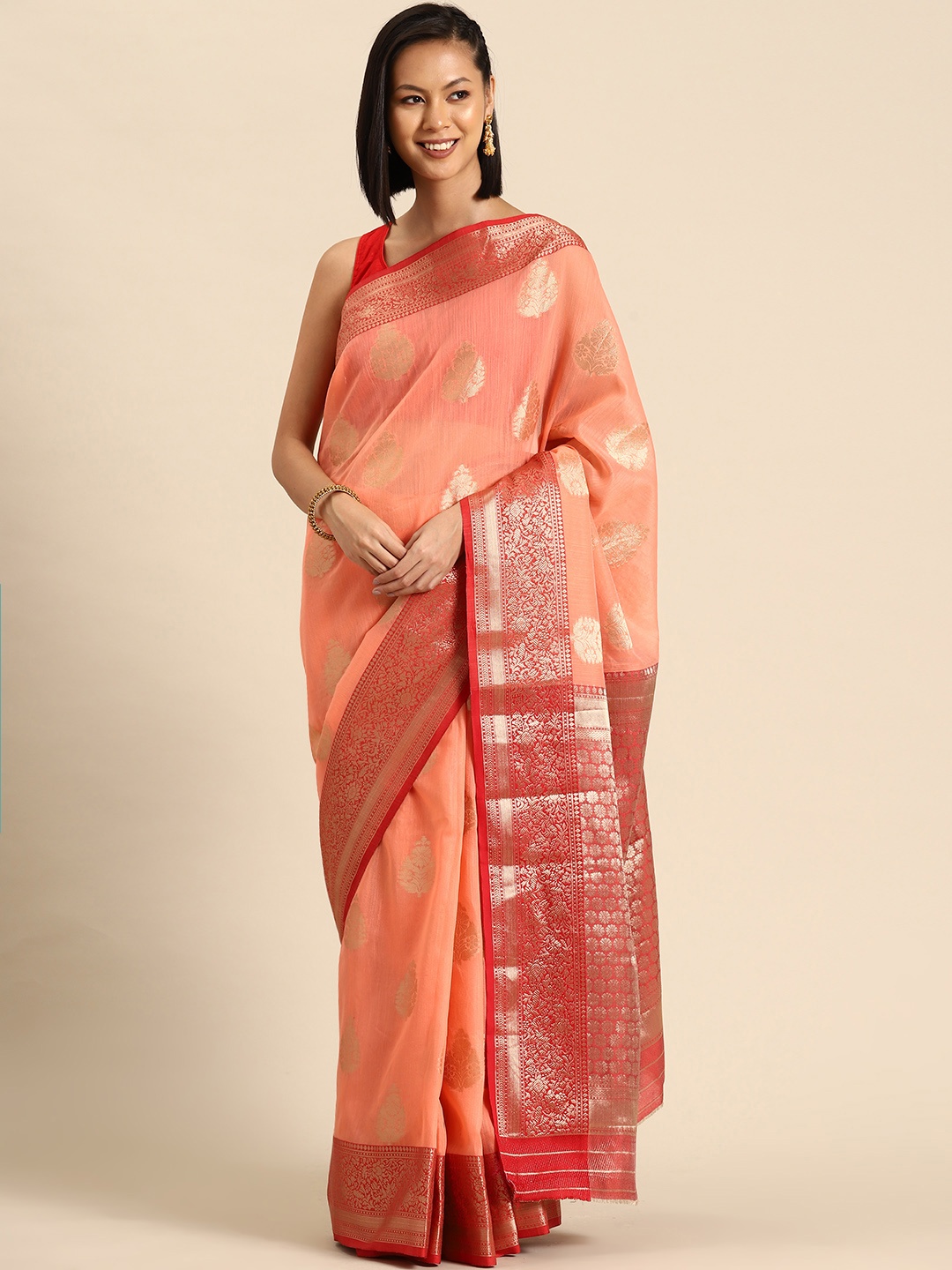 

Tasarika Woven Design Ethnic Motifs Zari Banarasi Saree, Peach