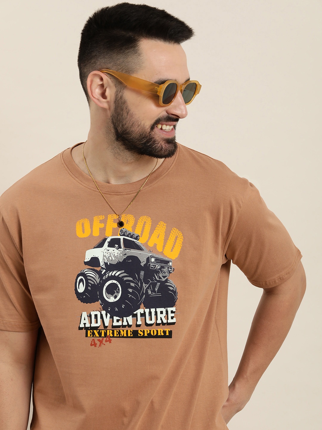 

HERE&NOW Men Graphic Printed Oversized Pure Cotton T-shirt, Brown