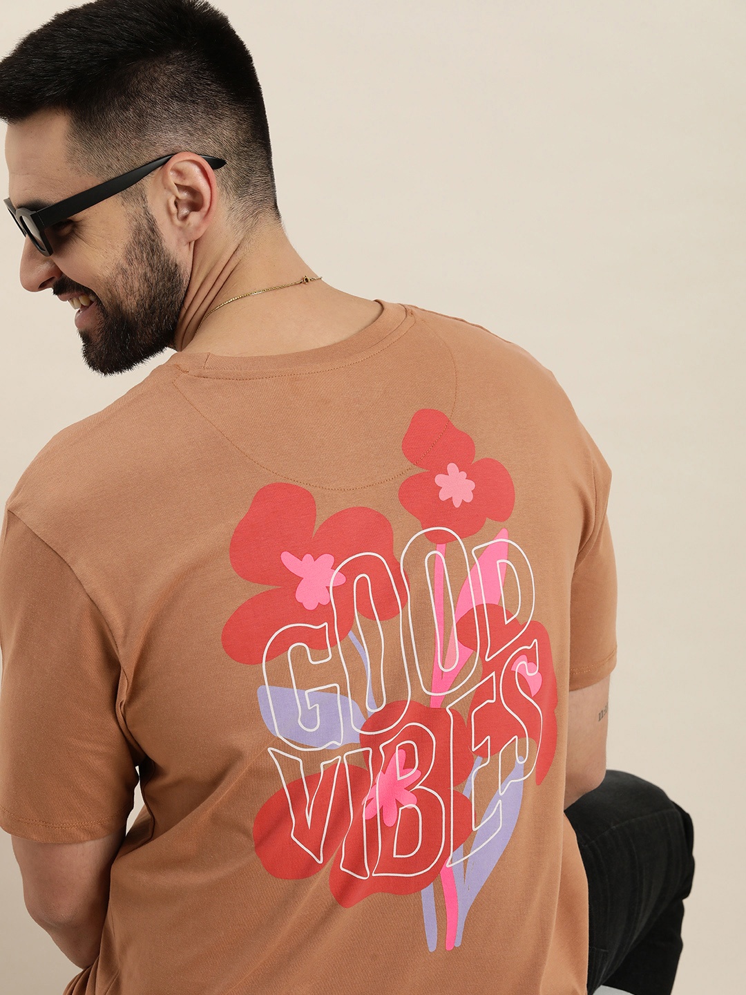 

HERE&NOW Men Graphic Printed Oversized Pure Cotton T-shirt, Brown