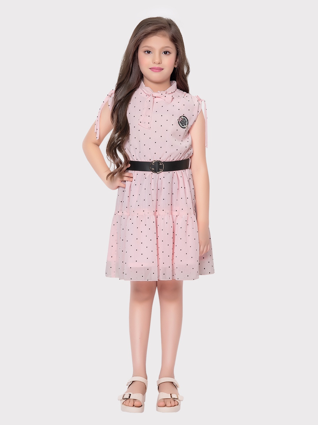 

Tiny Baby Girls Polka Dot Printed Tie-ups Neck Belted Fit & Flare Dress, Pink