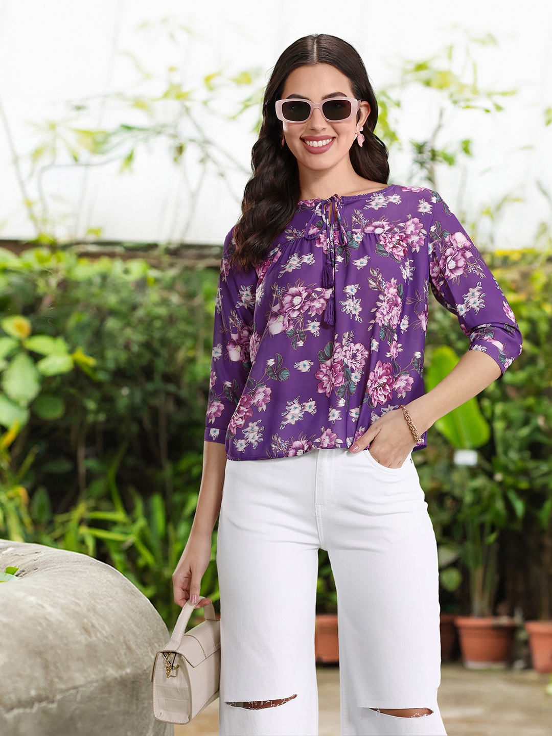 

DressBerry Floral Print Tie-Up Neck Top, Purple