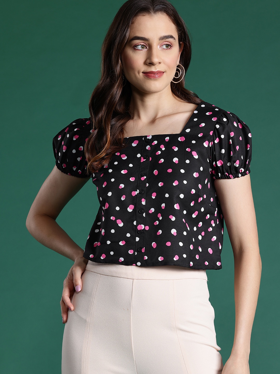 

DressBerry Polka Dot Print Square Neck Puff Sleeve Top, Black