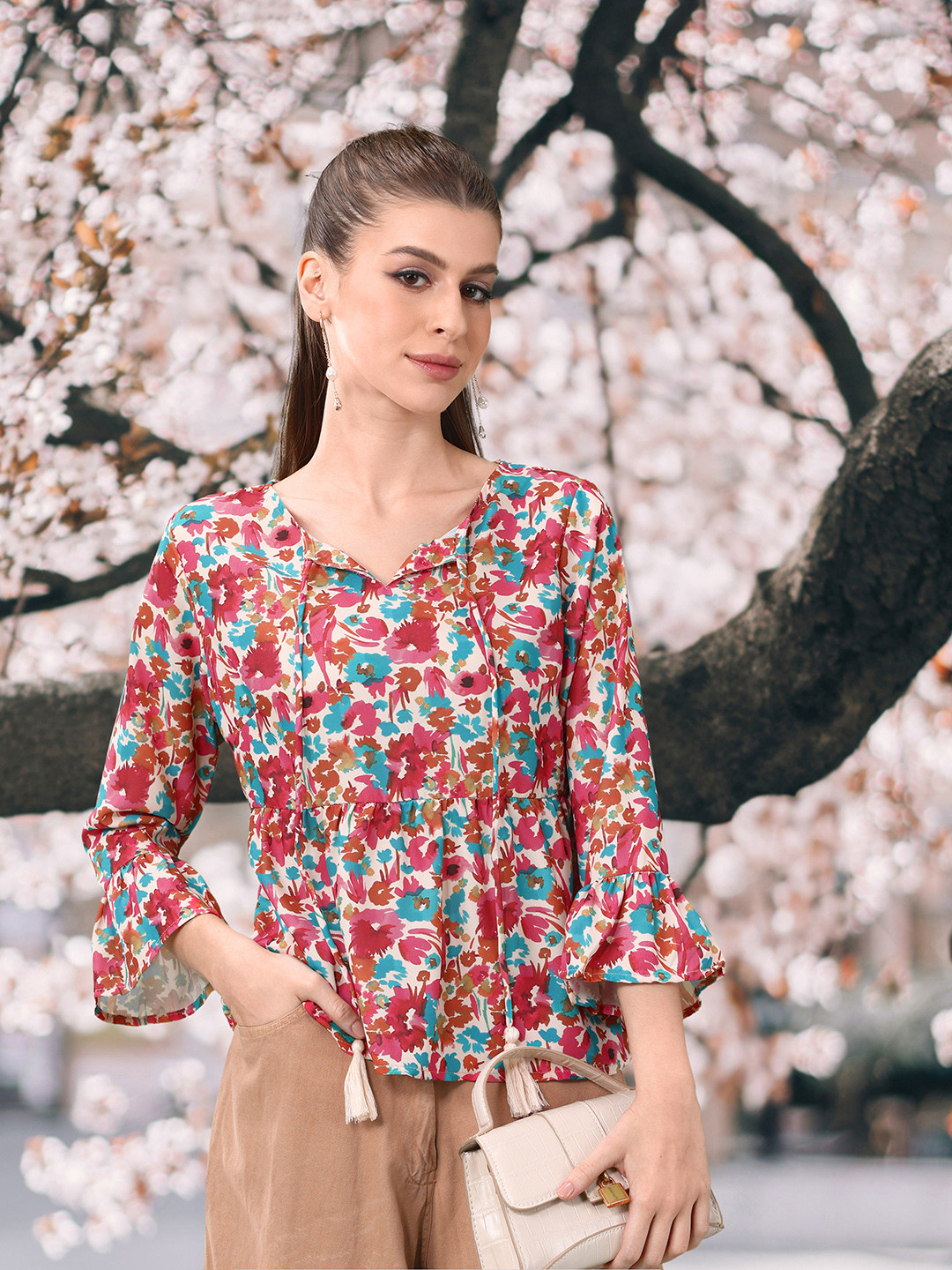 

DressBerry Floral Print Tie-Up Neck Bell Sleeves Top, Cream