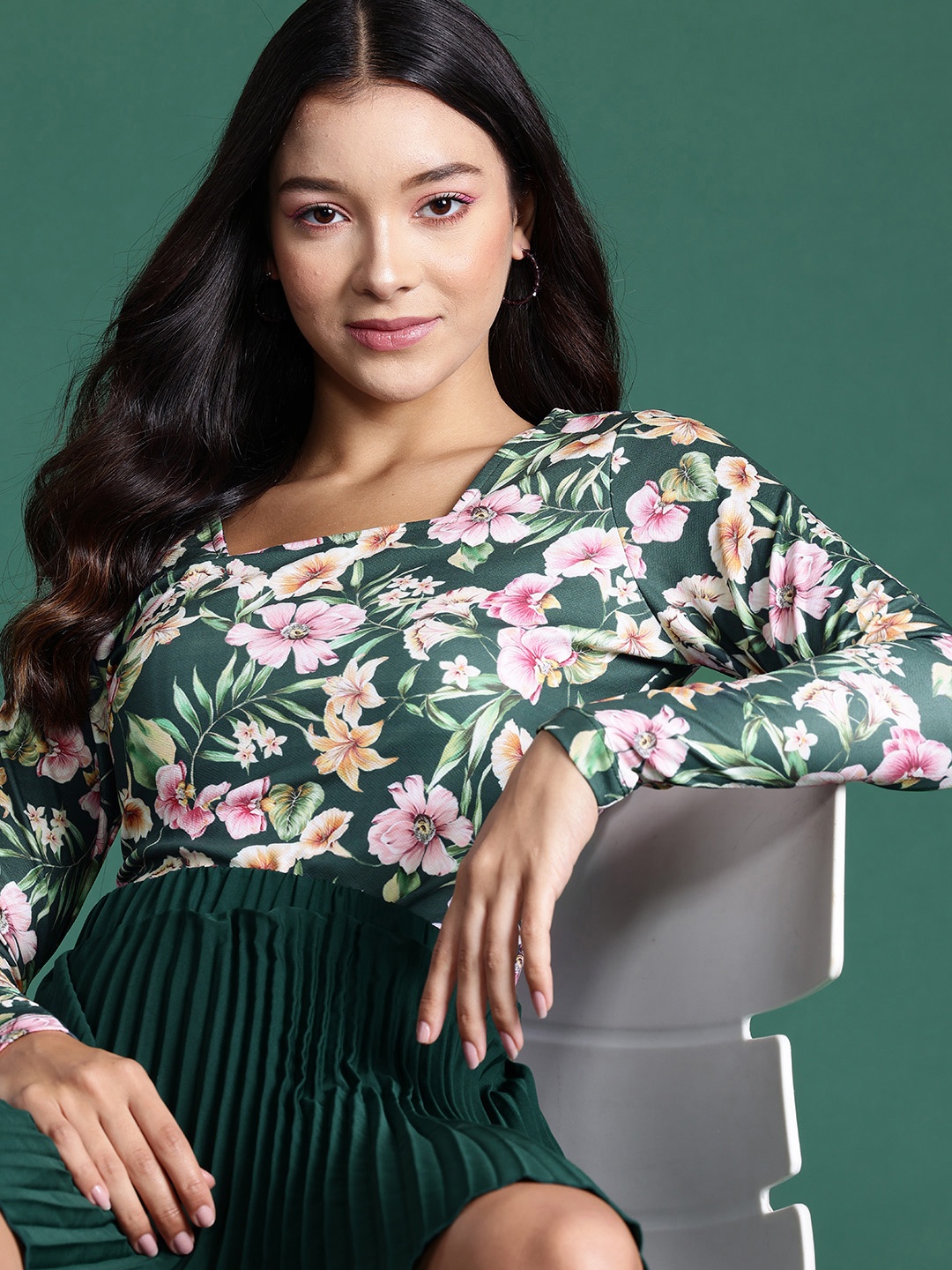 

DressBerry Floral Print Square Neck Top, Green