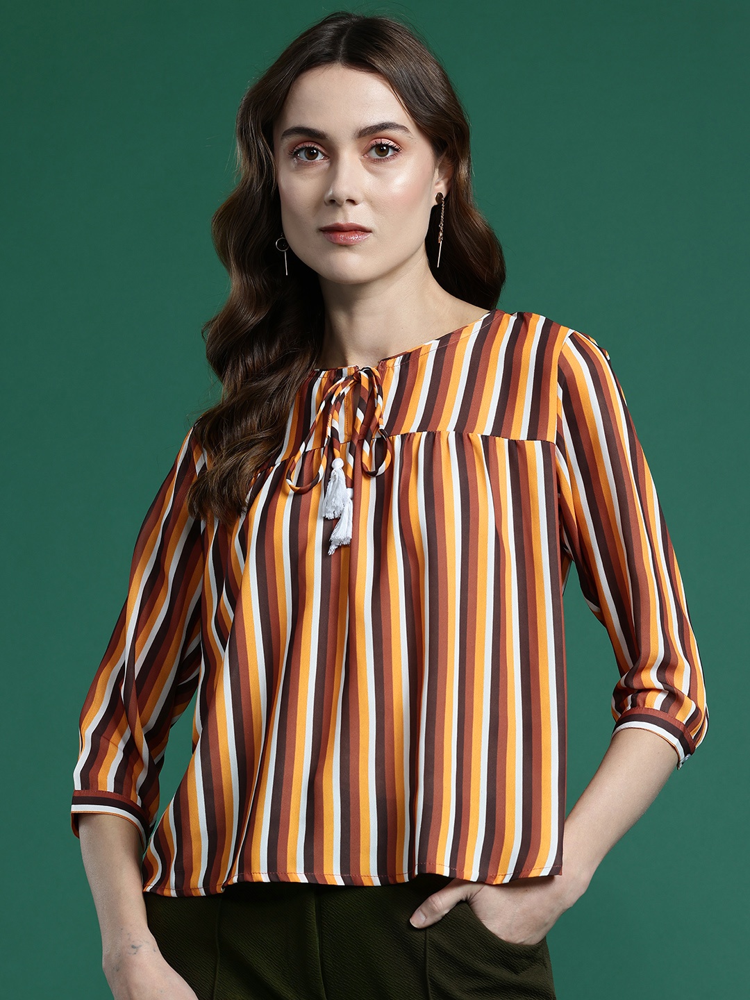 

DressBerry Bizwear Striped Tie-Up Neck Top, Rust