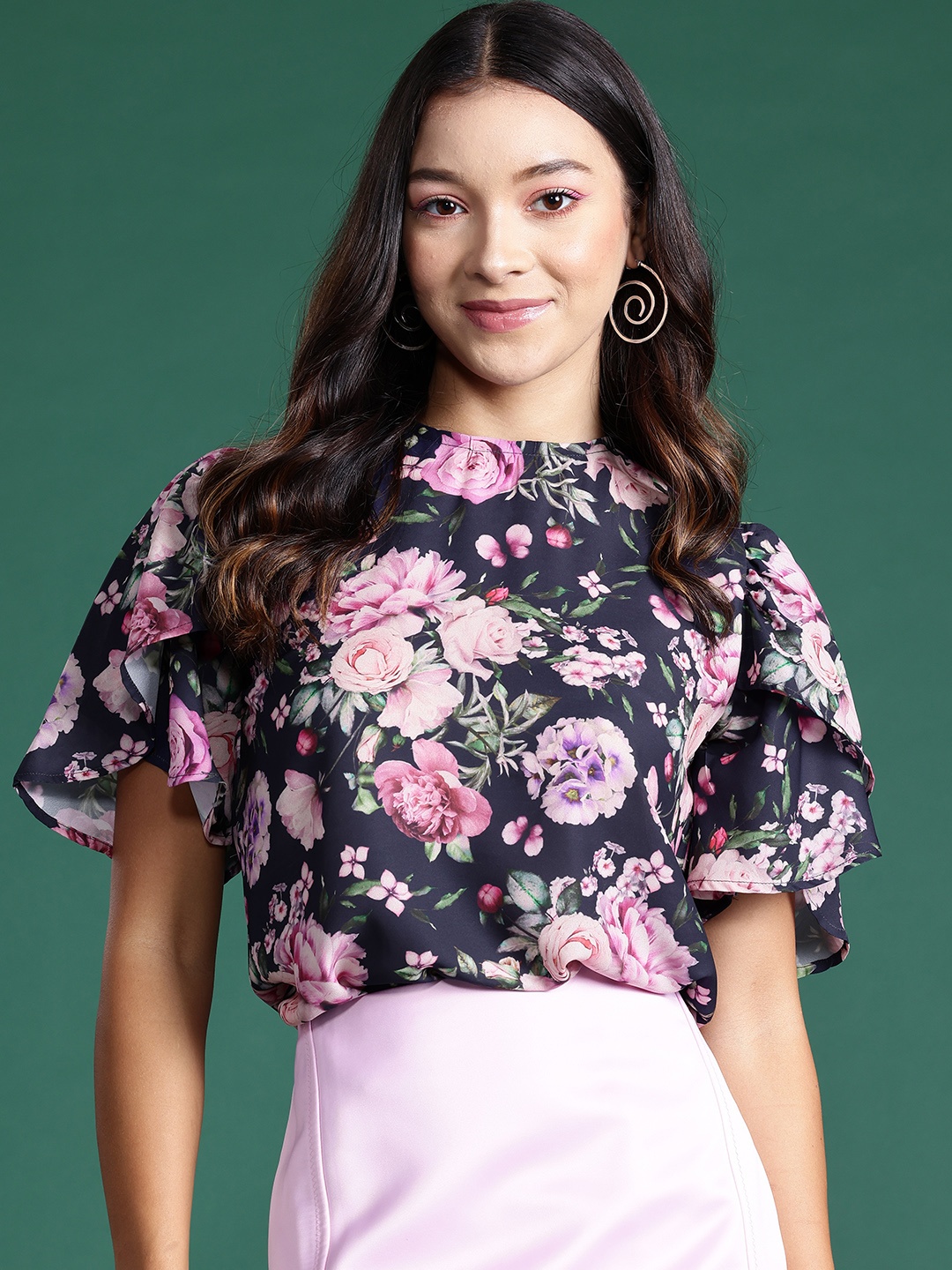

DressBerry Floral Print Flared Sleeves Top, Black