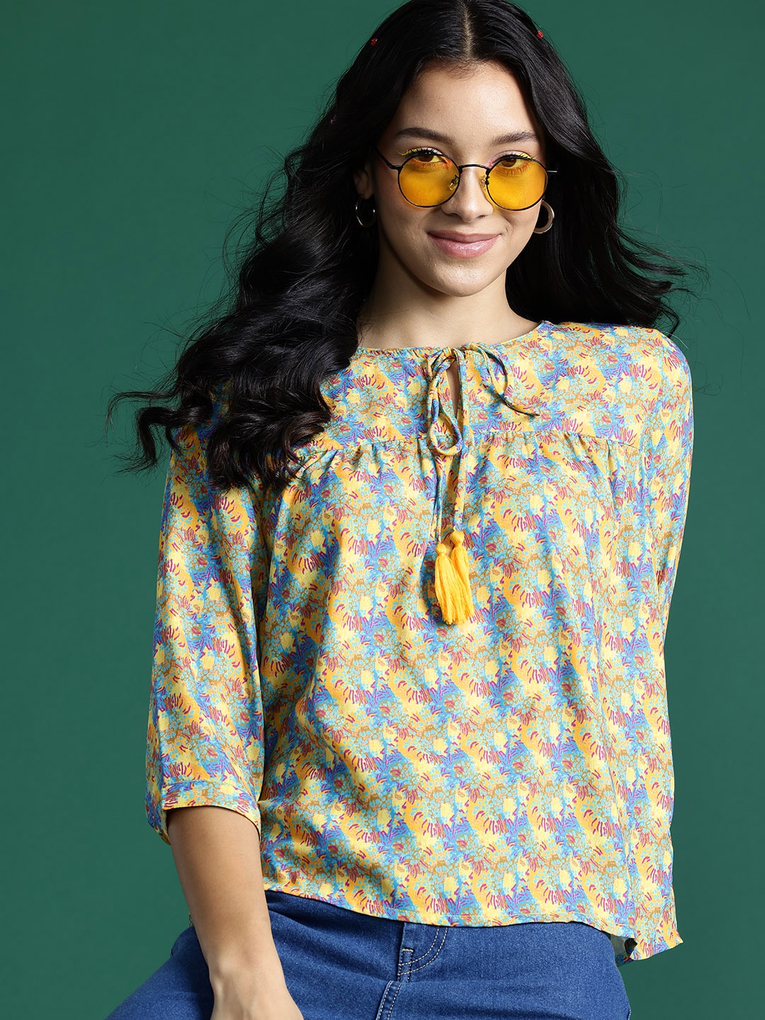 

DressBerry Floral Print Tie-Up Neck Top, Mustard