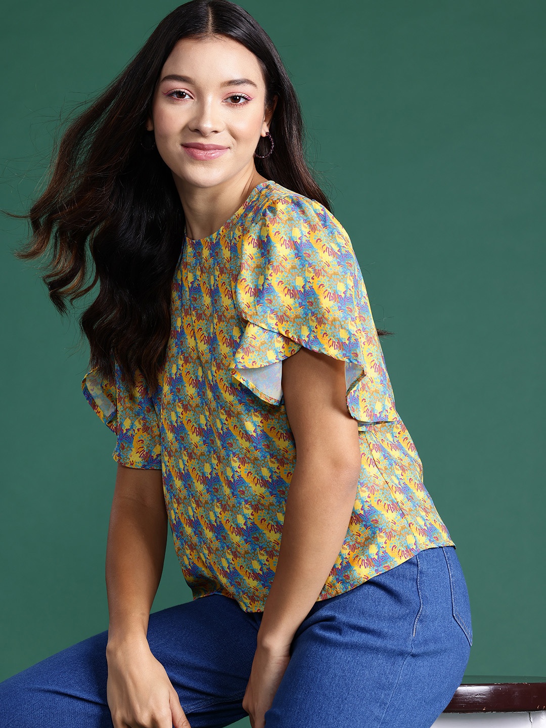 

DressBerry Printed Flared Sleeves Top, Yellow