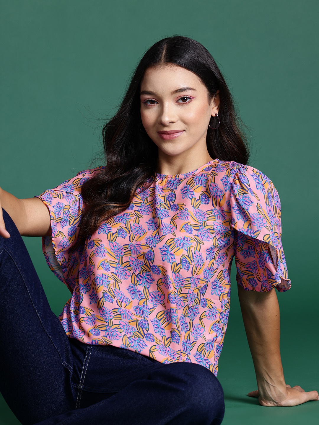 

DressBerry Floral Print Flared Sleeves Top, Pink