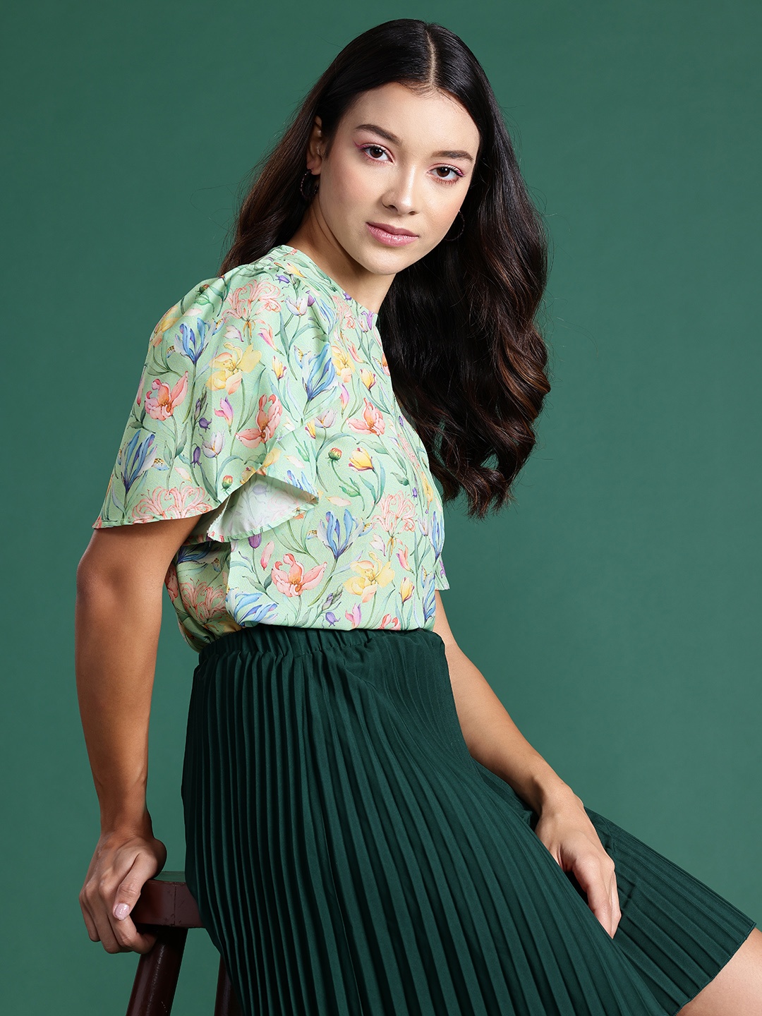 

DressBerry Floral Print Flared Sleeves Top, Sea green