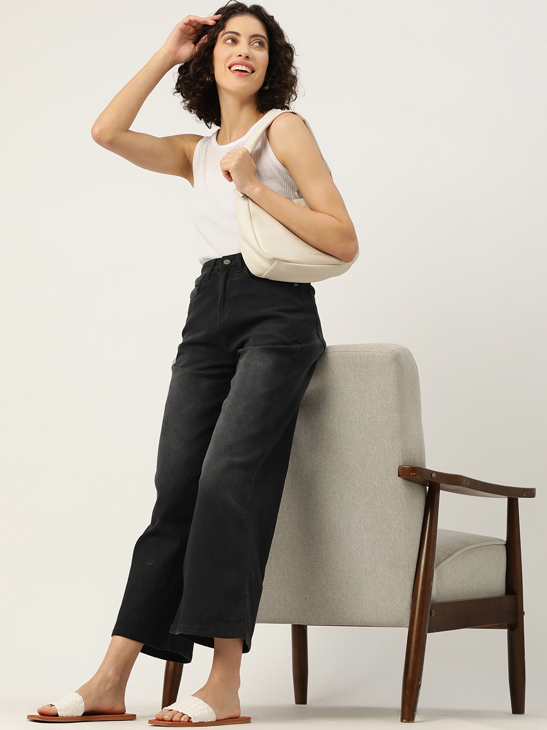 

Mast & Harbour Women Flared Cropped Stretchable Jeans, Black