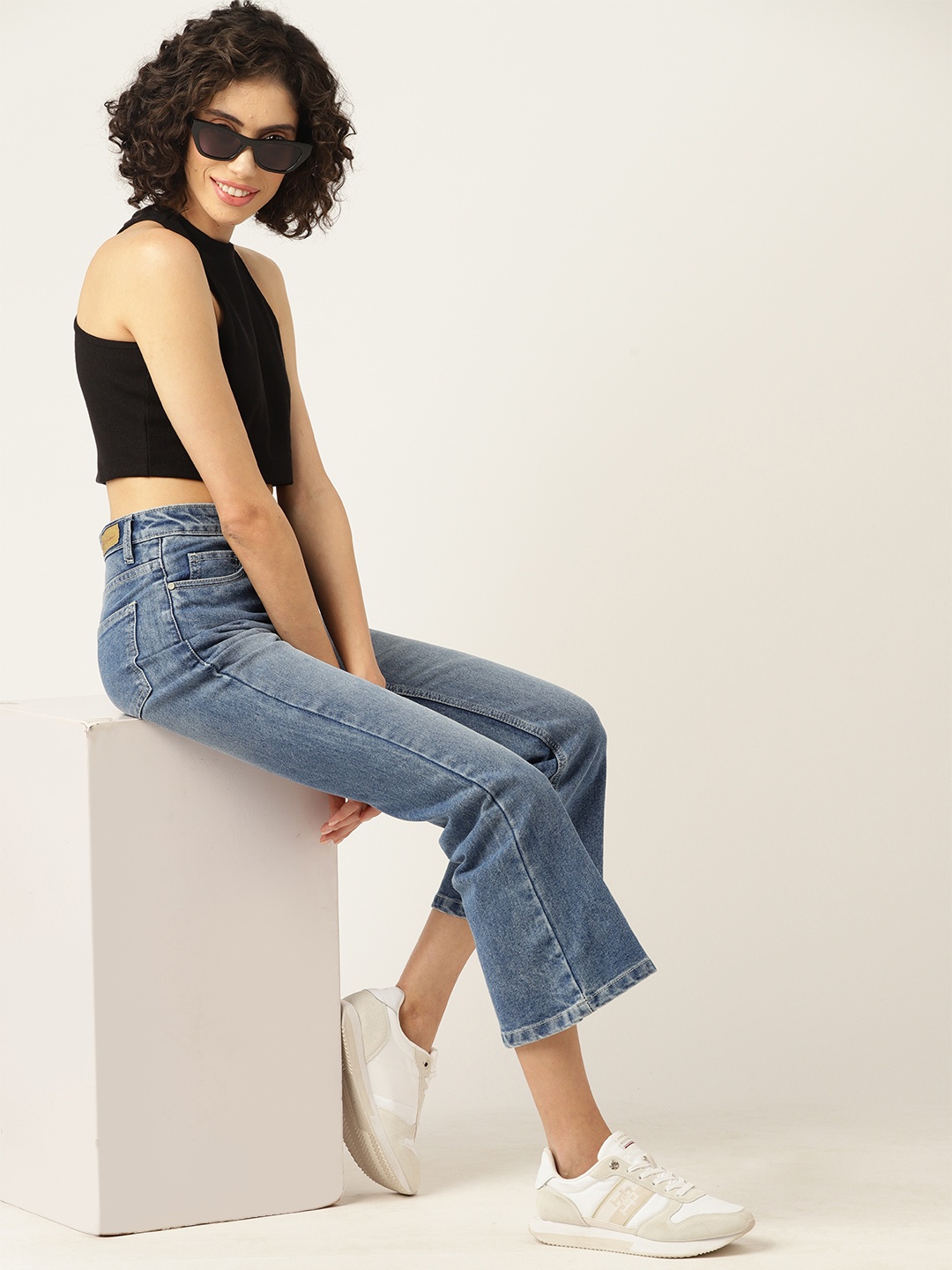 

Mast & Harbour Women Bootcut Light Fade Stretchable Cropped Jeans, Blue