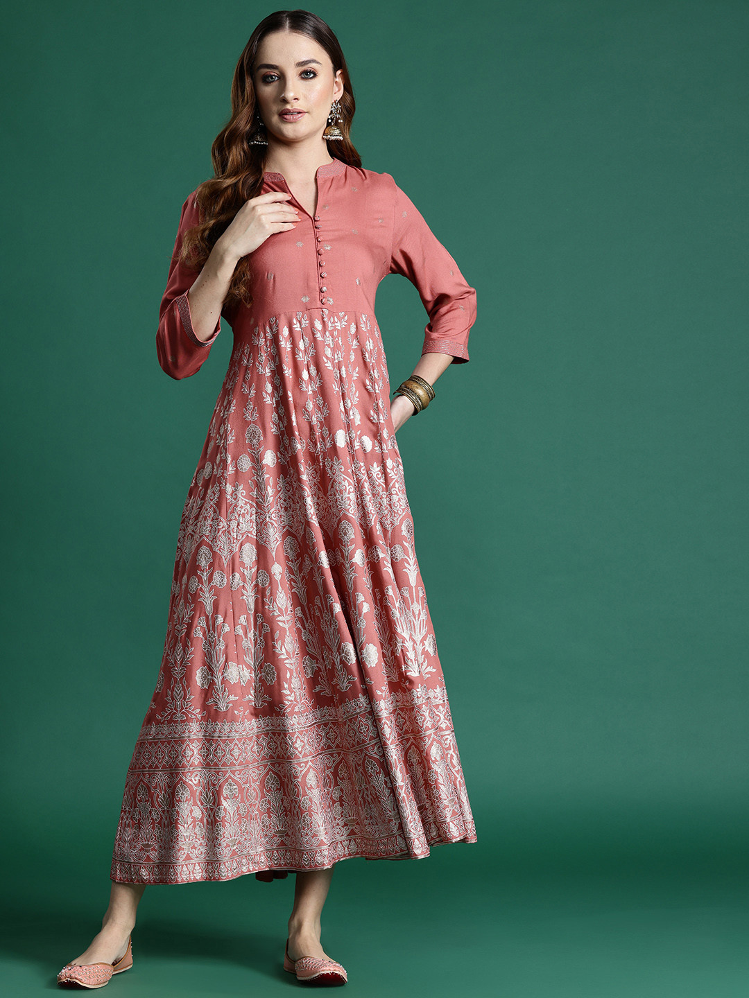 

Sangria Foil Print Maxi Ethnic Dress, Rose