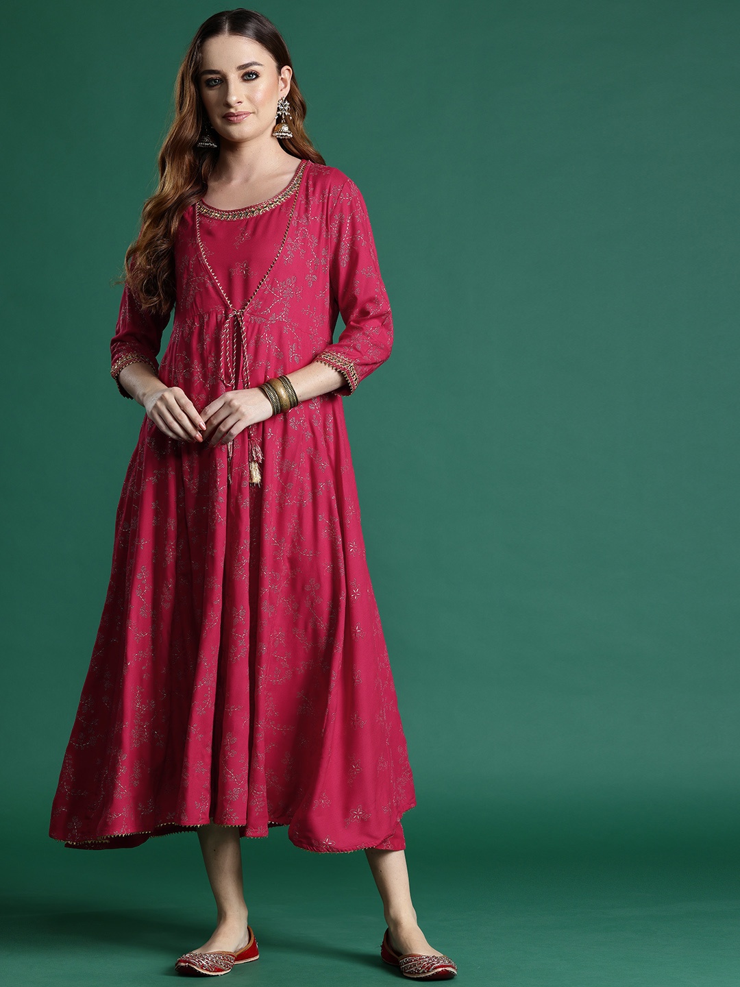 

Sangria Floral Print Maxi Dress with Longline Ethnic Jacket, Red