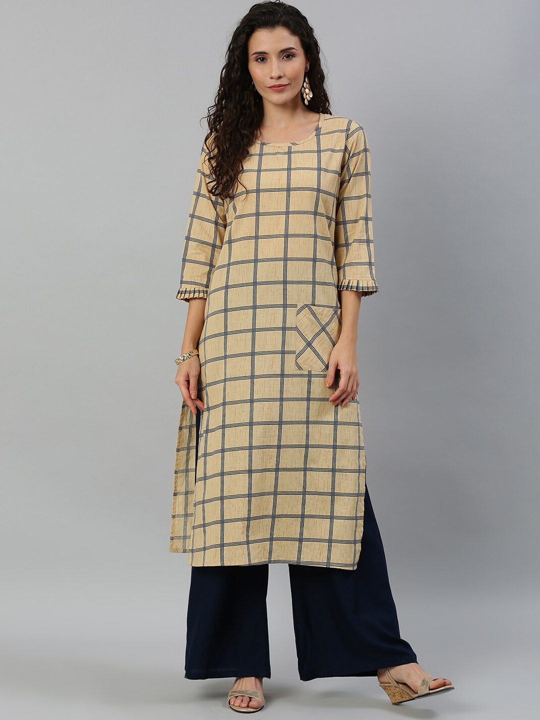 

KALINI Checked Round Neck Flared Sleeves Pure Cotton Kurta, Beige