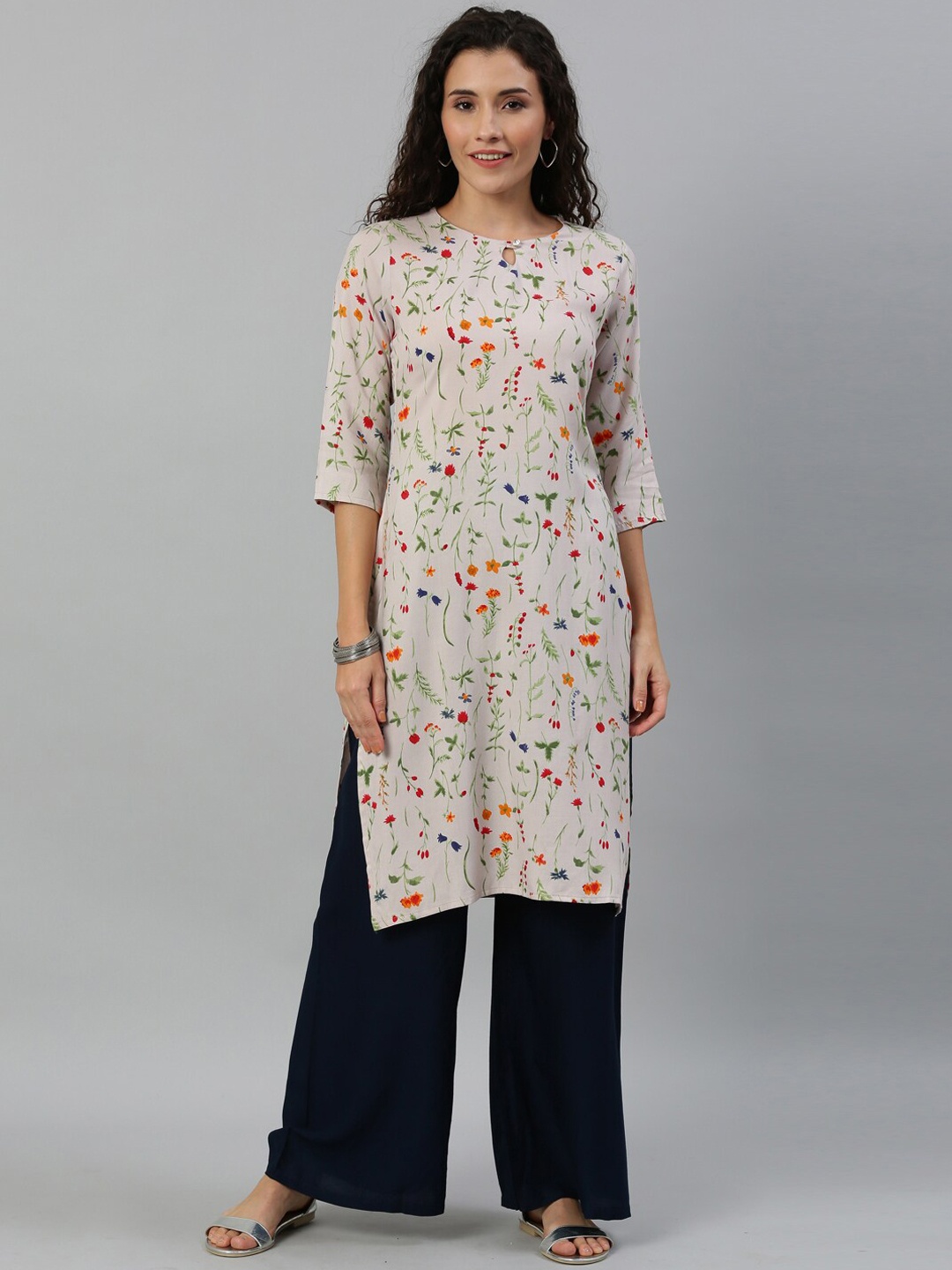 

KALINI Floral Printed Keyhole Neck Regular Kurta, Off white
