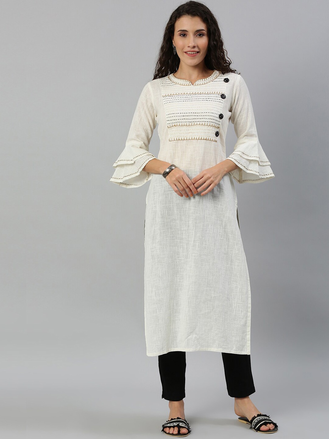 

KALINI Yoke Design Striped Flared Sleeves Chikankari Regular Pure Cotton Kurta, White