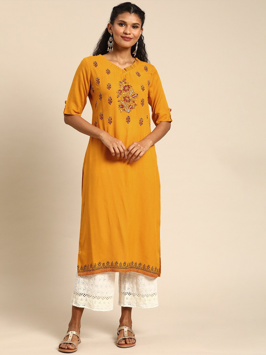 

KALINI Floral Printed Beads Work Roll-Up Sleeves Regular Kurta, Mustard