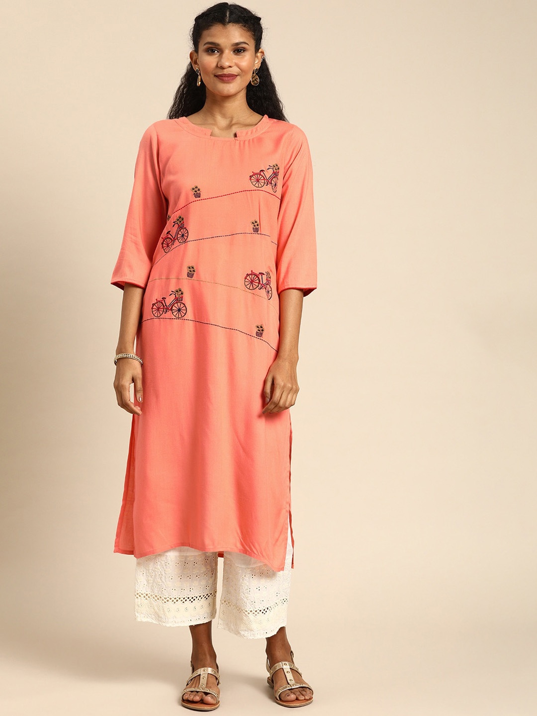 

KALINI Floral Embroidered Round Neck Regular Kurta, Peach